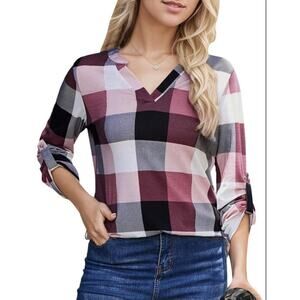 Womens Basic Casual V Neck Plaid Print Long Sleeve Top Blouse Shirt Pink,grey,wh